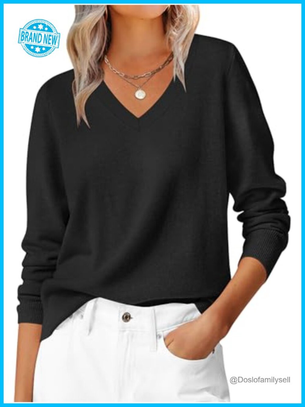 Women's Long Sleeve V Neck Lightweight Pullover Sweater Regular Fit